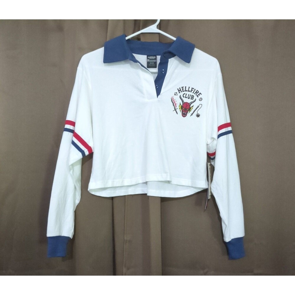 No Boundaries Stranger Things Hellfire Club Shirt Womens XS White Cropped NWT